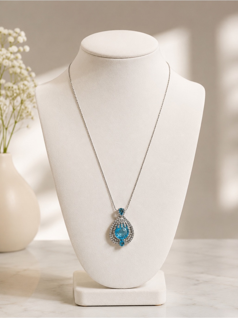 Silver Necklace with Turquoise Blue Teardrop Pendant